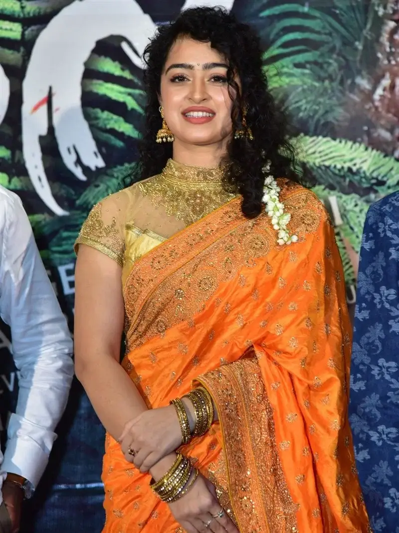 Actress Apsara Rani in Orange Saree at Talakona Movie Launch